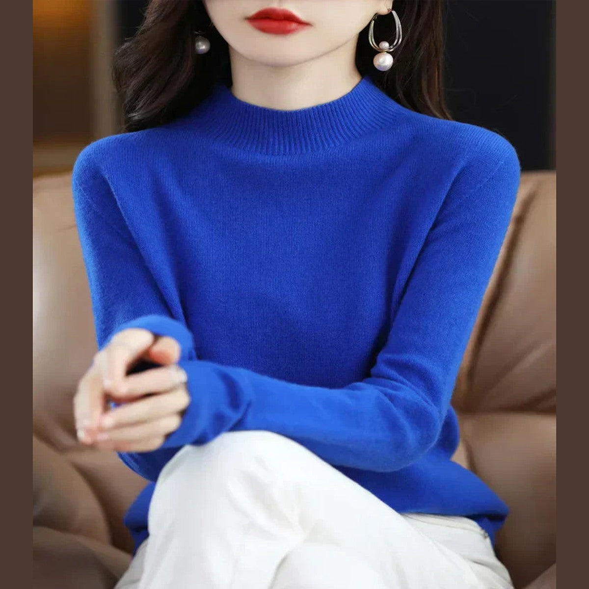 Women Knitted Mock Turtleneck Sweater with Ribbed Hem and Cuffs
