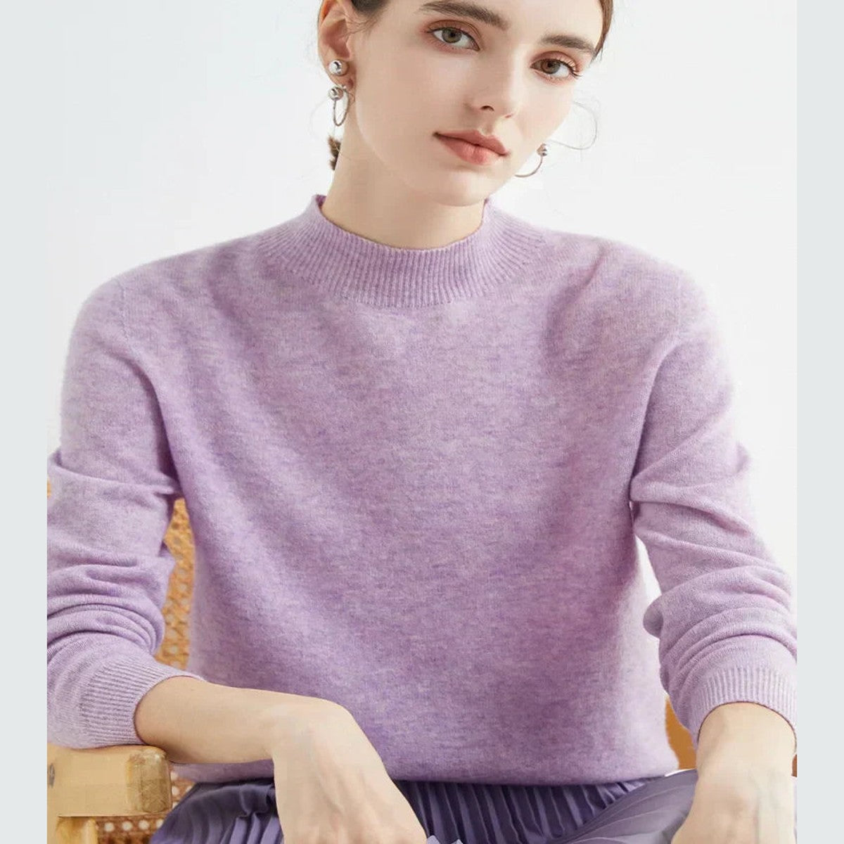 Women Knitted Mock Turtleneck Sweater with Ribbed Hem and Cuffs