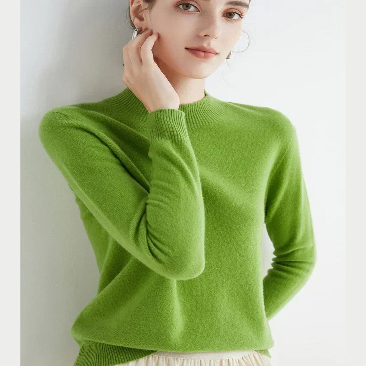 Women Knitted Mock Turtleneck Sweater with Ribbed Hem and Cuffs