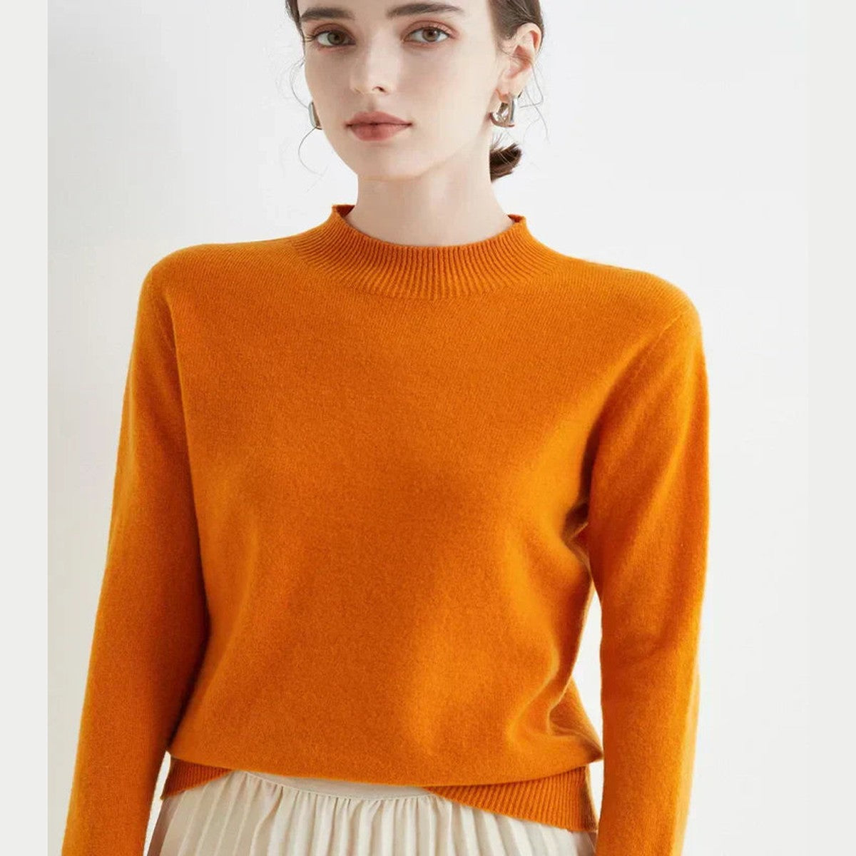 Women Knitted Mock Turtleneck Sweater with Ribbed Hem and Cuffs
