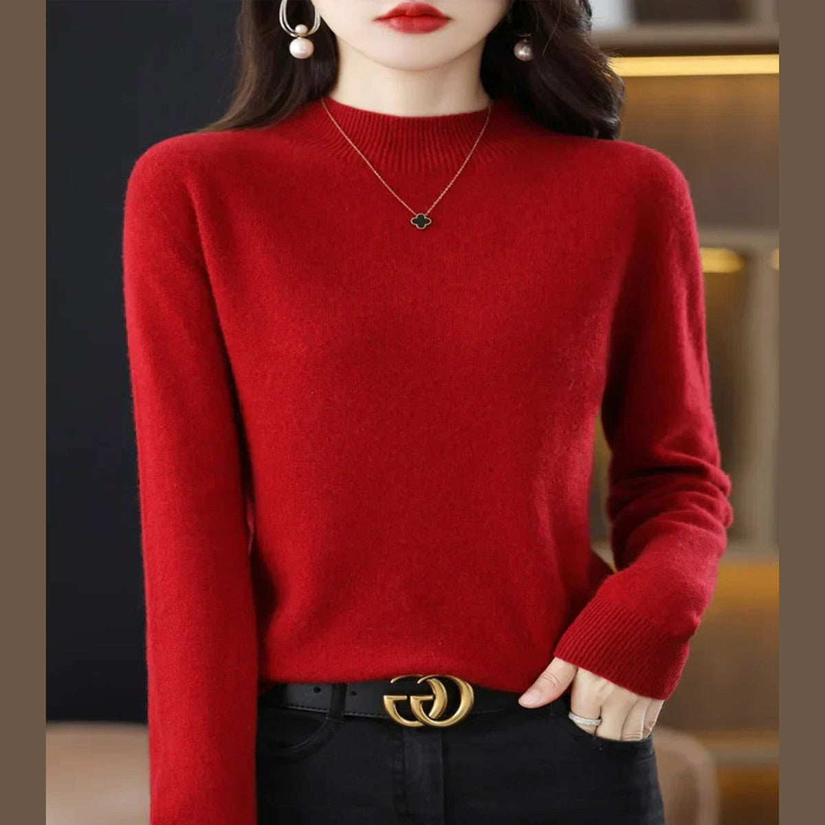 Women Knitted Mock Turtleneck Sweater with Ribbed Hem and Cuffs