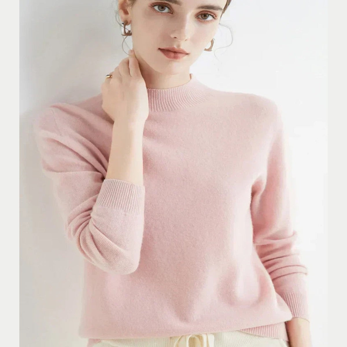 Women Knitted Mock Turtleneck Sweater with Ribbed Hem and Cuffs