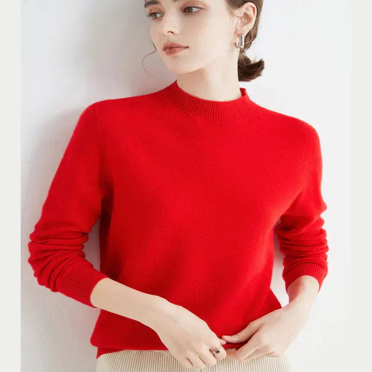 Women Knitted Mock Turtleneck Sweater with Ribbed Hem and Cuffs