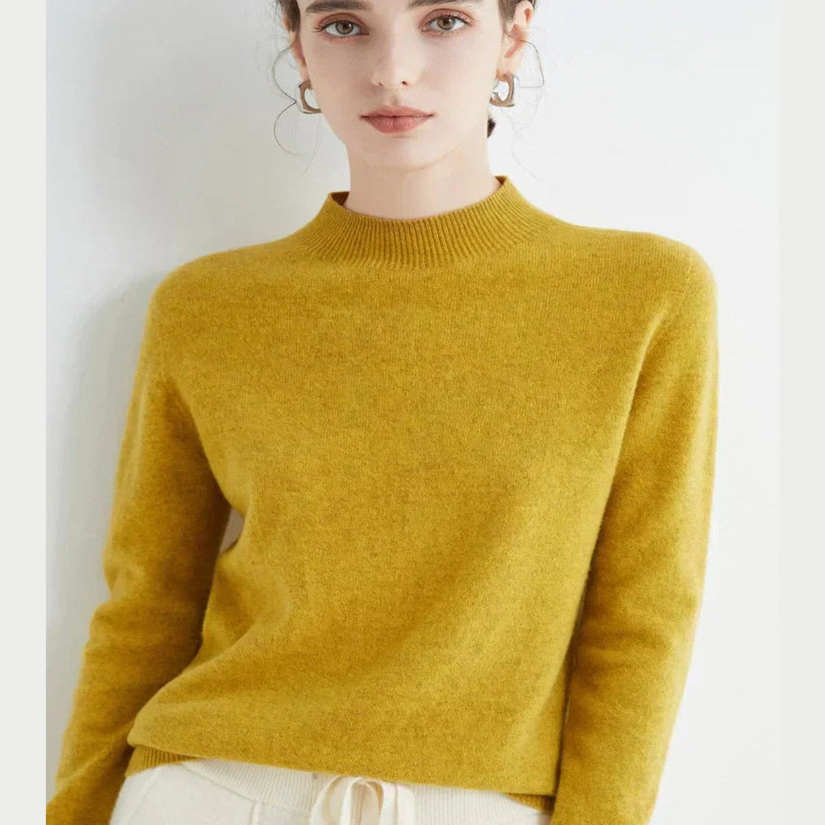 Women Knitted Mock Turtleneck Sweater with Ribbed Hem and Cuffs