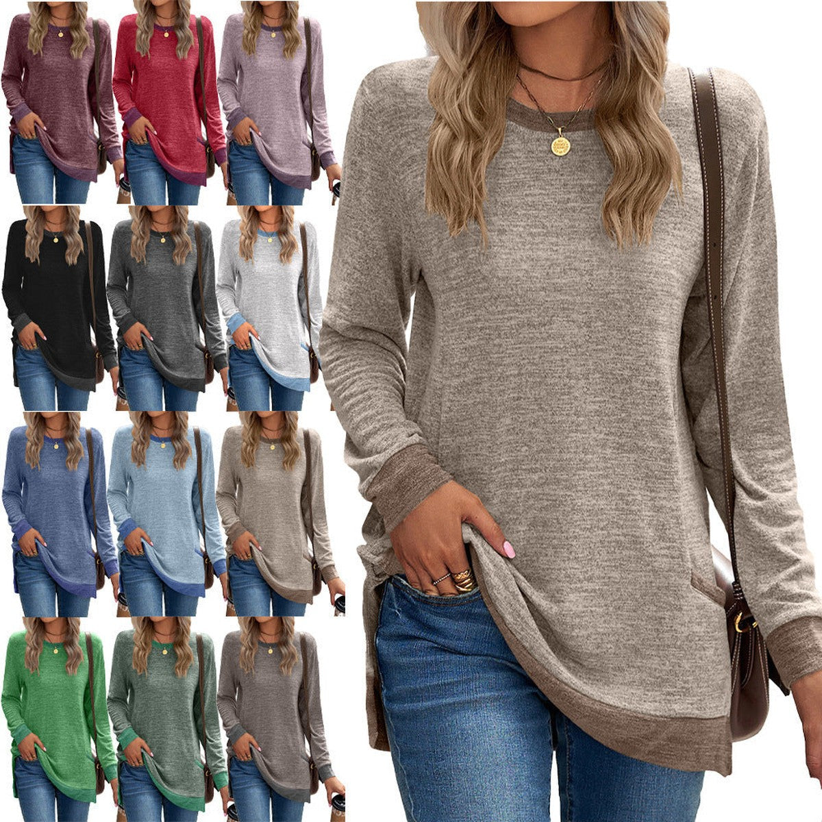 Women Crewneck Knit Sweater Tunic with Front Patch Pockets and Button Detail