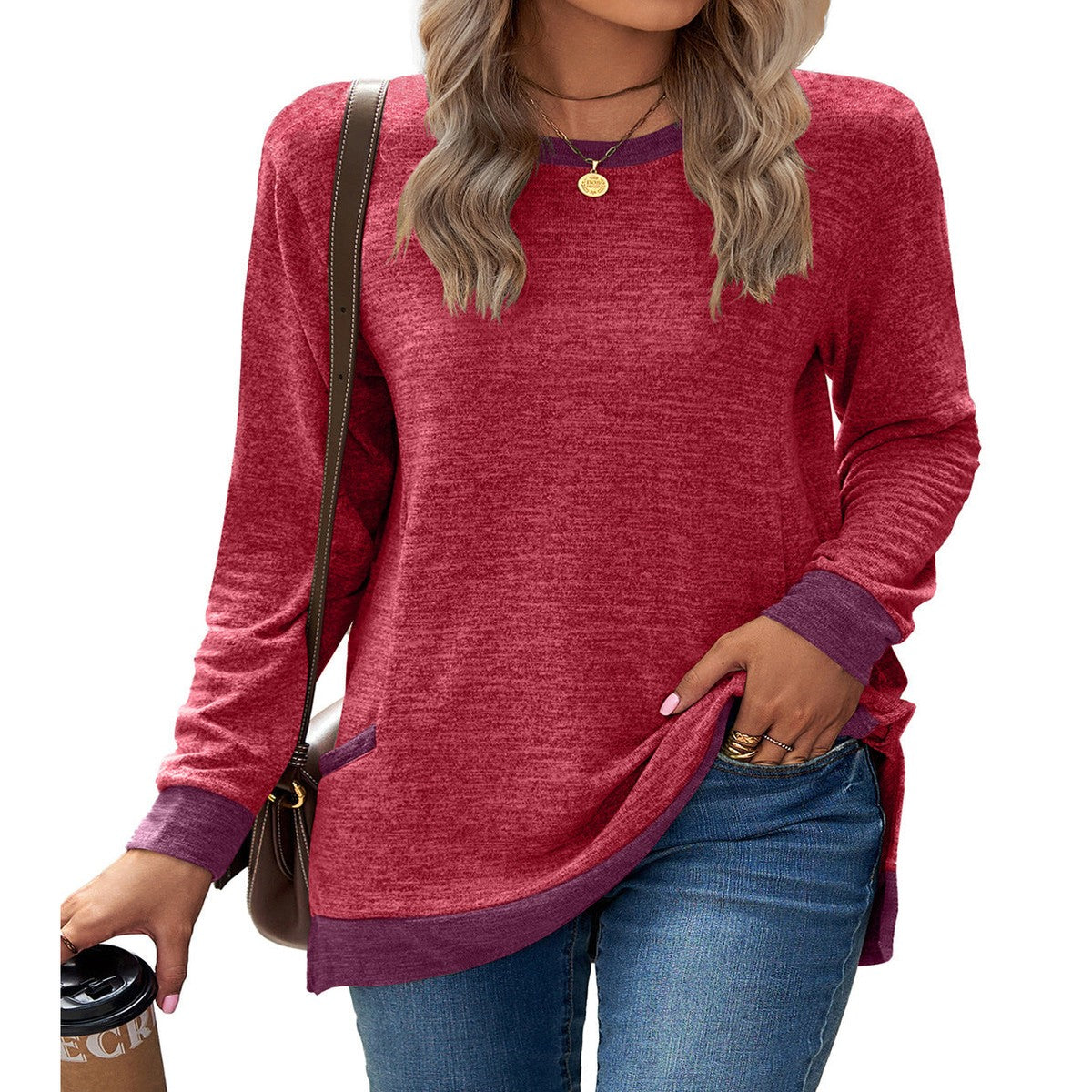 Women Crewneck Knit Sweater Tunic with Front Patch Pockets and Button Detail