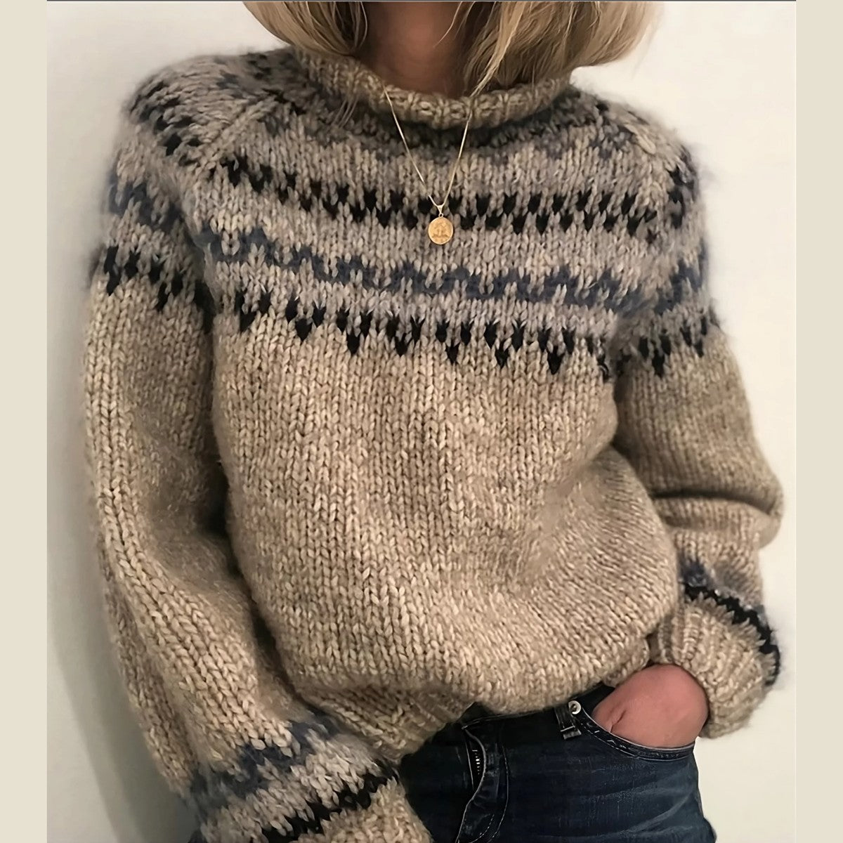 Chunky Knit Turtleneck Sweater with Folded High Neck and Ribbed Cuffs
