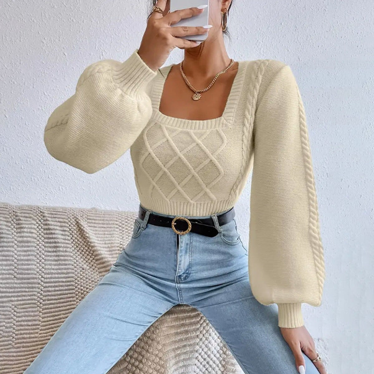 Long Sleeve Square Neck Knit Pullover Sweater with Ribbed Hem