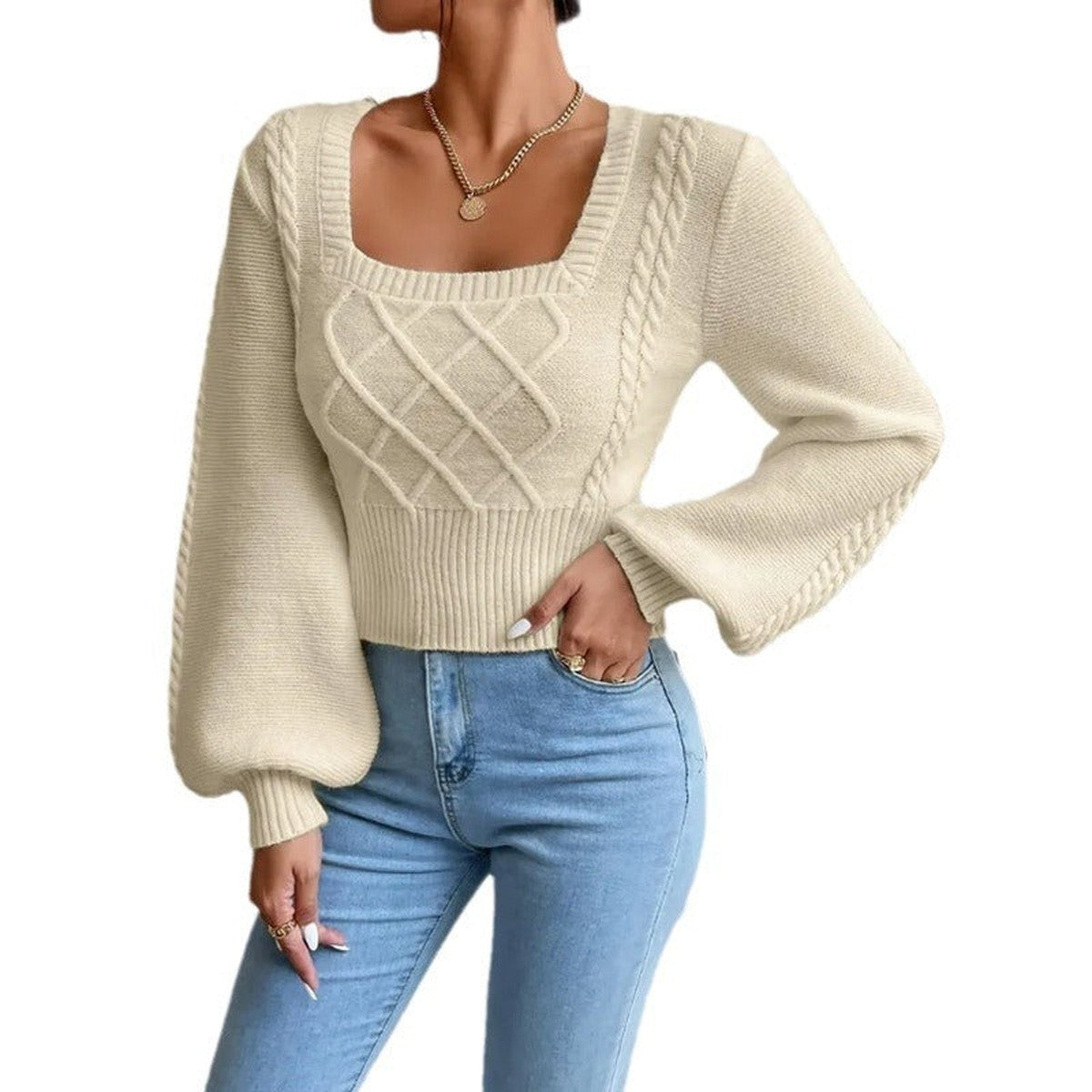 Long Sleeve Square Neck Knit Pullover Sweater with Ribbed Hem
