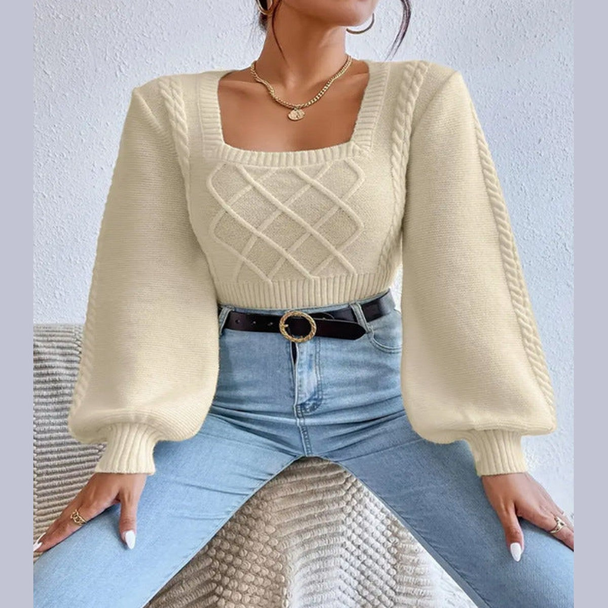 Long Sleeve Square Neck Knit Pullover Sweater with Ribbed Hem
