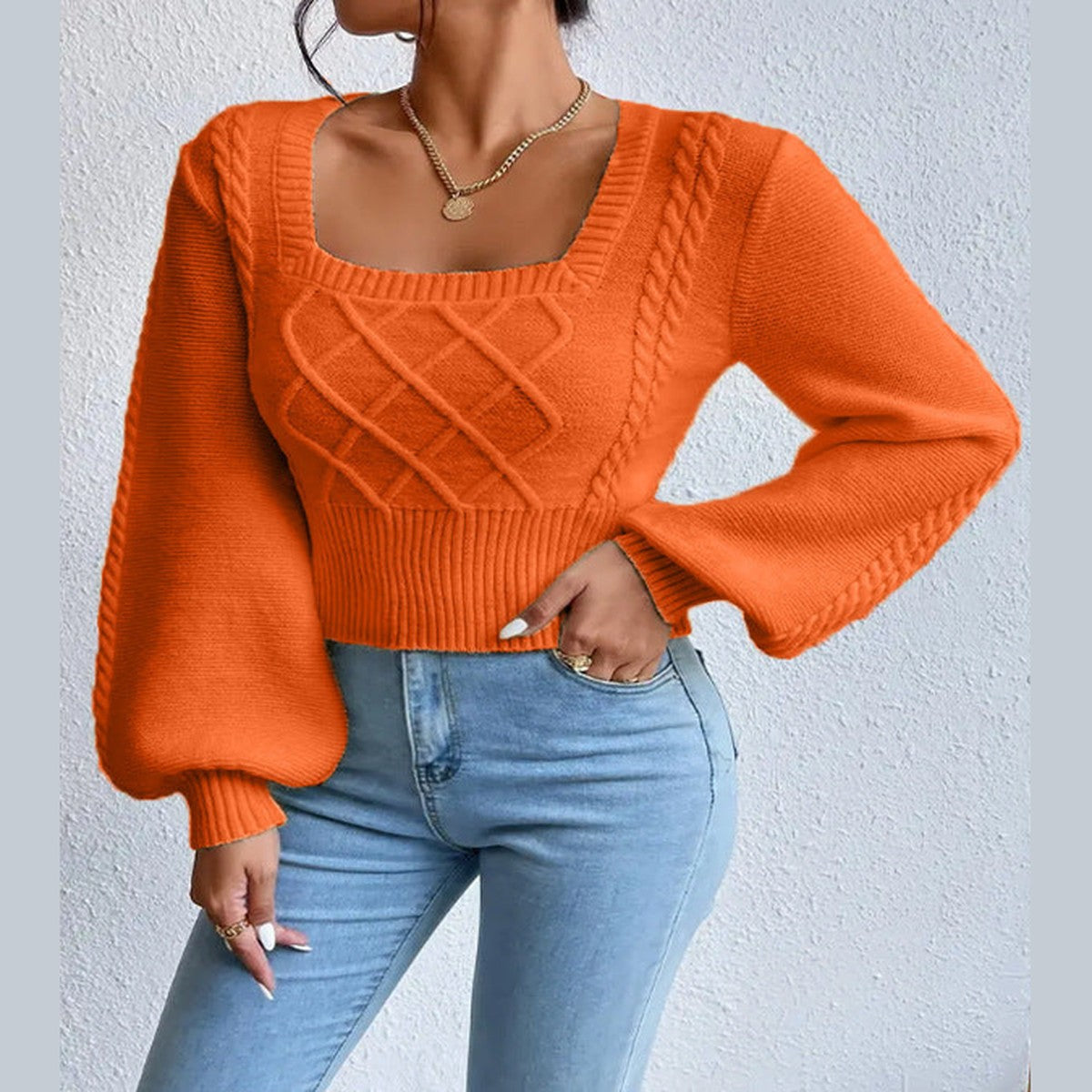 Long Sleeve Square Neck Knit Pullover Sweater with Ribbed Hem