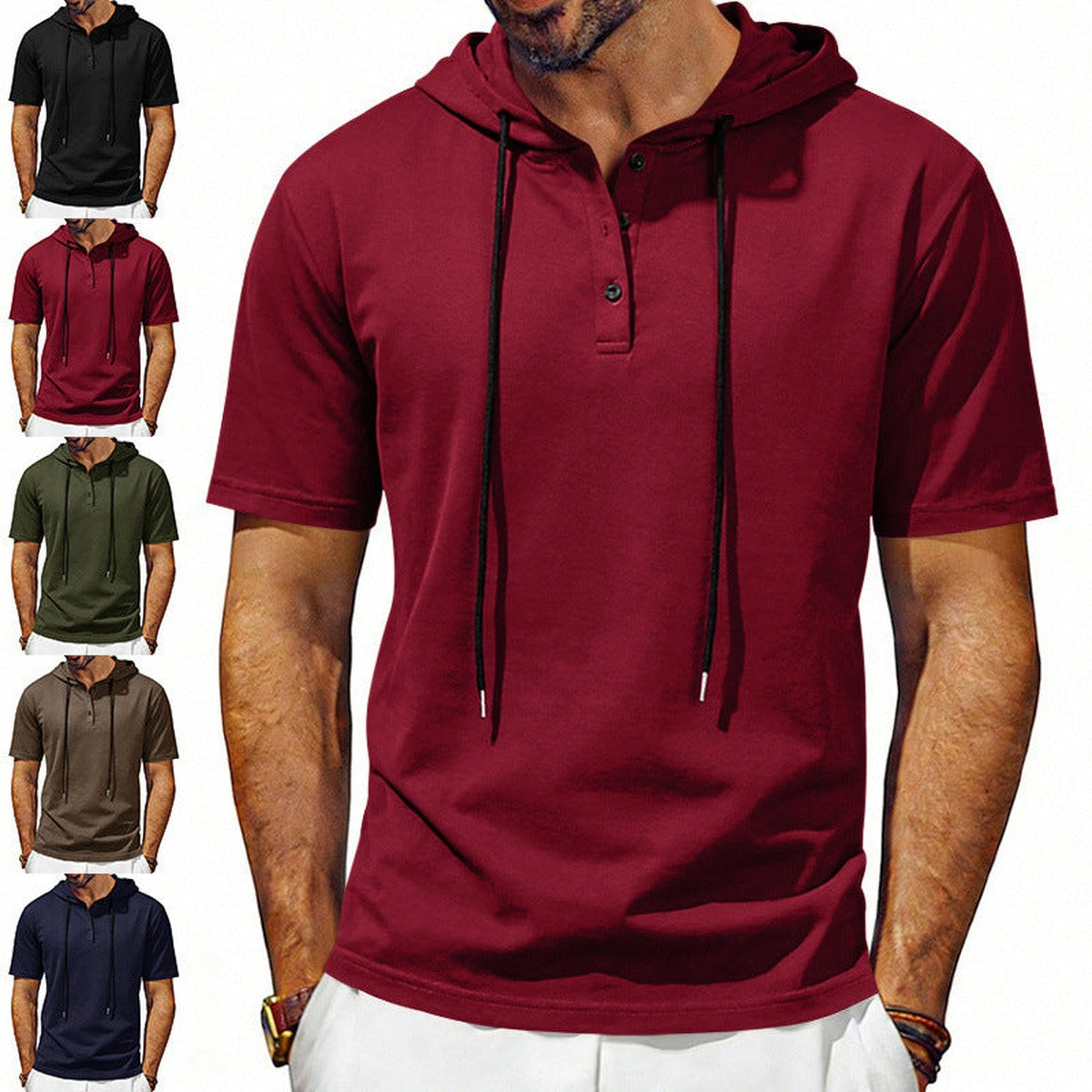 Men Long Sleeve Henley Hoodie Pullover with Button Placket and Drawstring