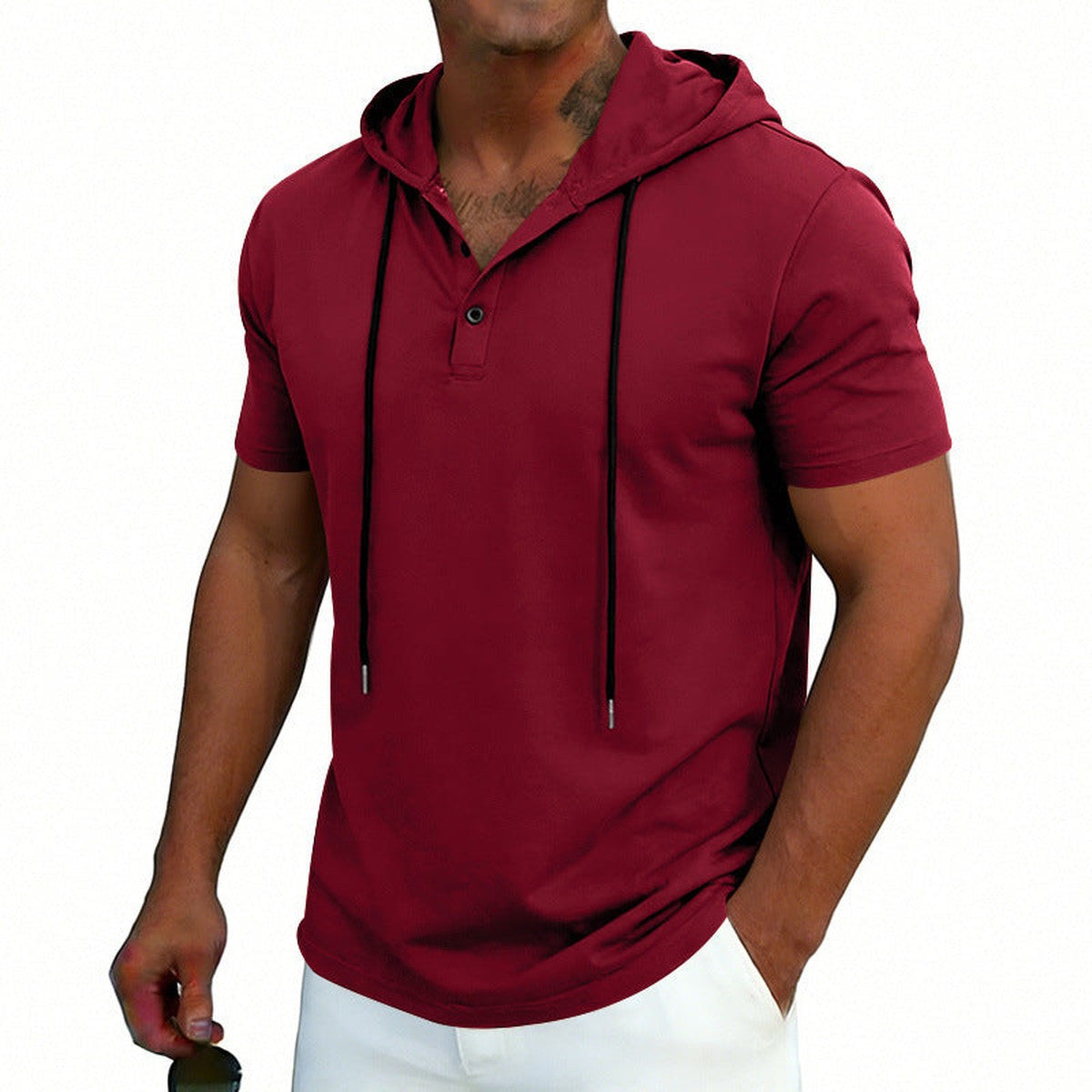 Men Long Sleeve Henley Hoodie Pullover with Button Placket and Drawstring
