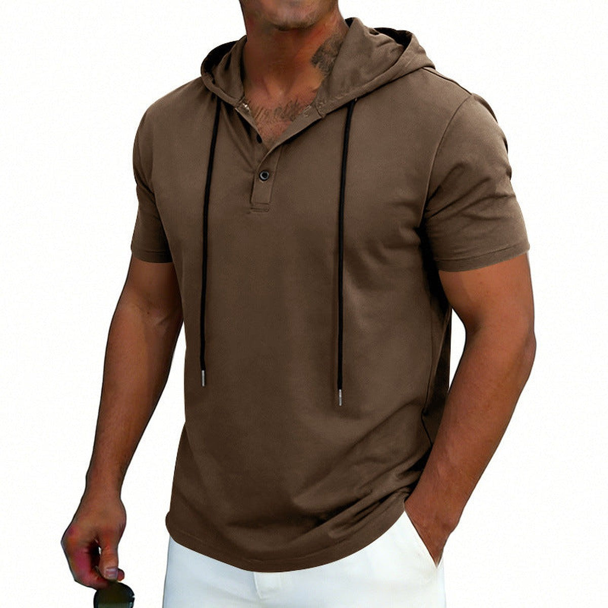 Men Long Sleeve Henley Hoodie Pullover with Button Placket and Drawstring