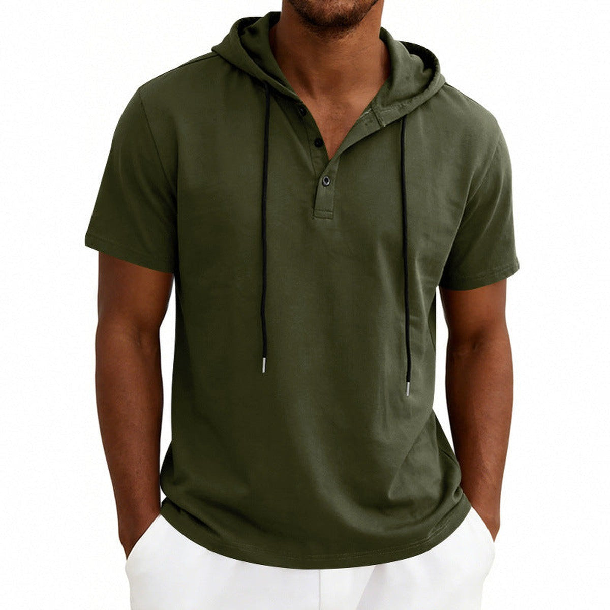 Men Long Sleeve Henley Hoodie Pullover with Button Placket and Drawstring