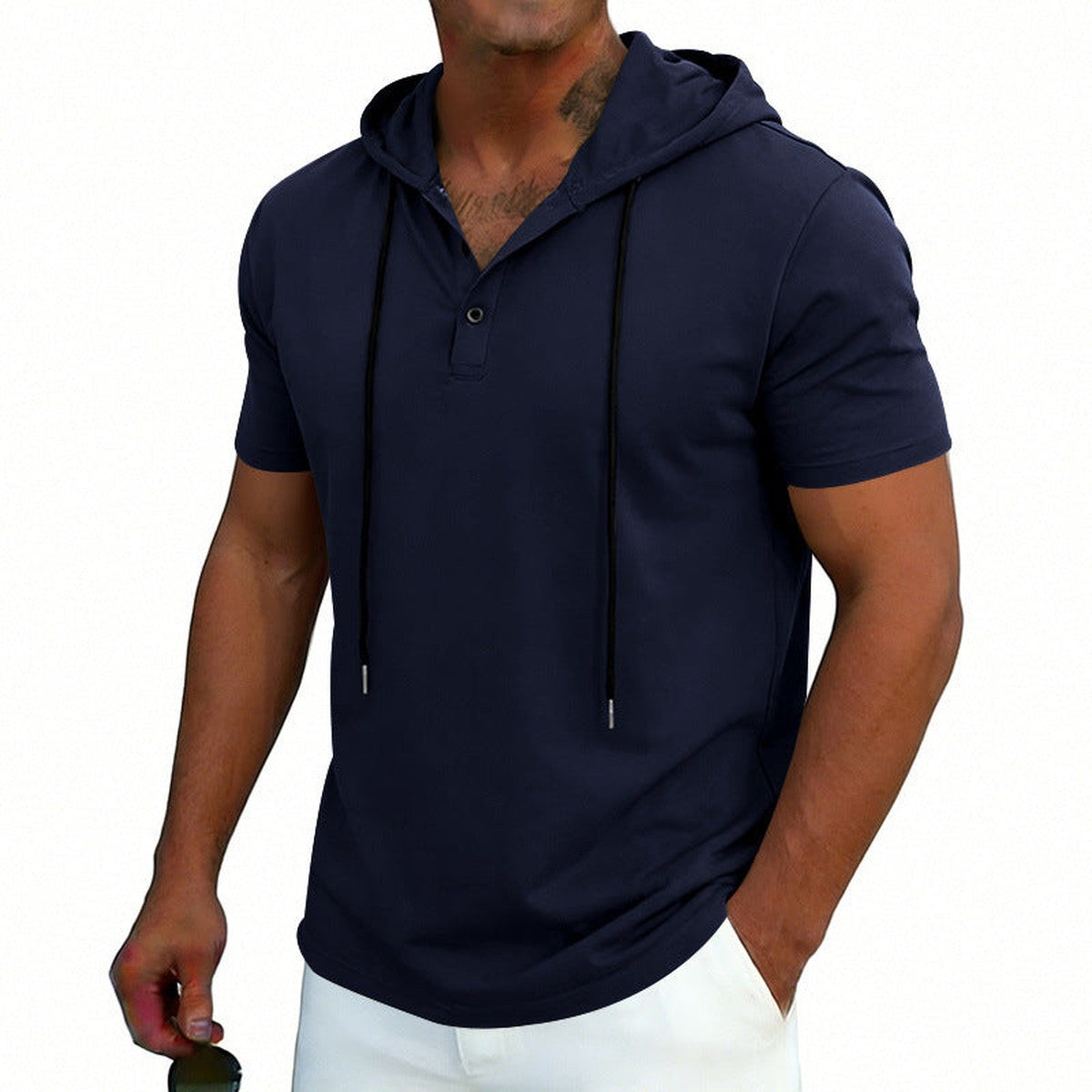 Men Long Sleeve Henley Hoodie Pullover with Button Placket and Drawstring