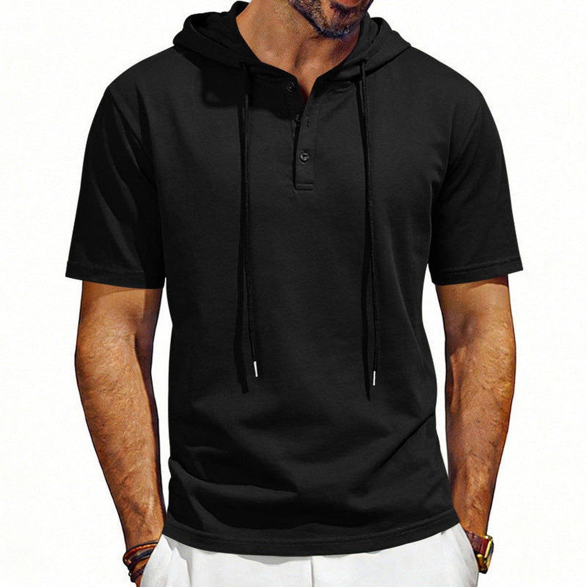 Men Long Sleeve Henley Hoodie Pullover with Button Placket and Drawstring