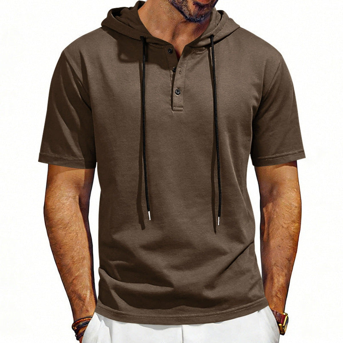 Men Long Sleeve Henley Hoodie Pullover with Button Placket and Drawstring