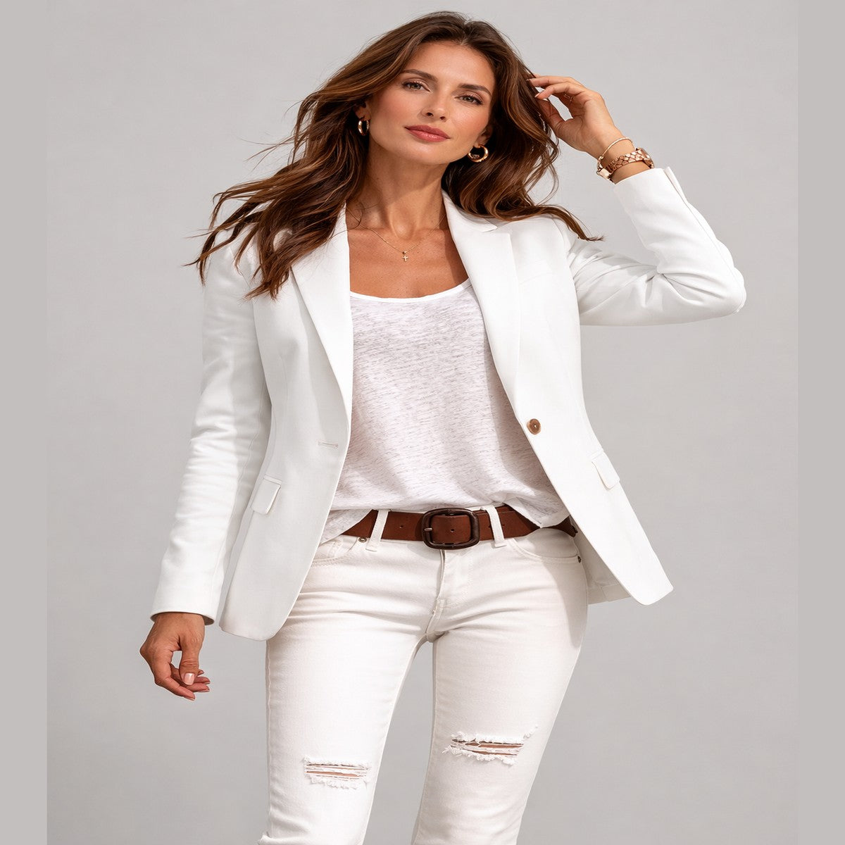 Women Tailored Office Suit Jacket with Single Button and Flap Pockets