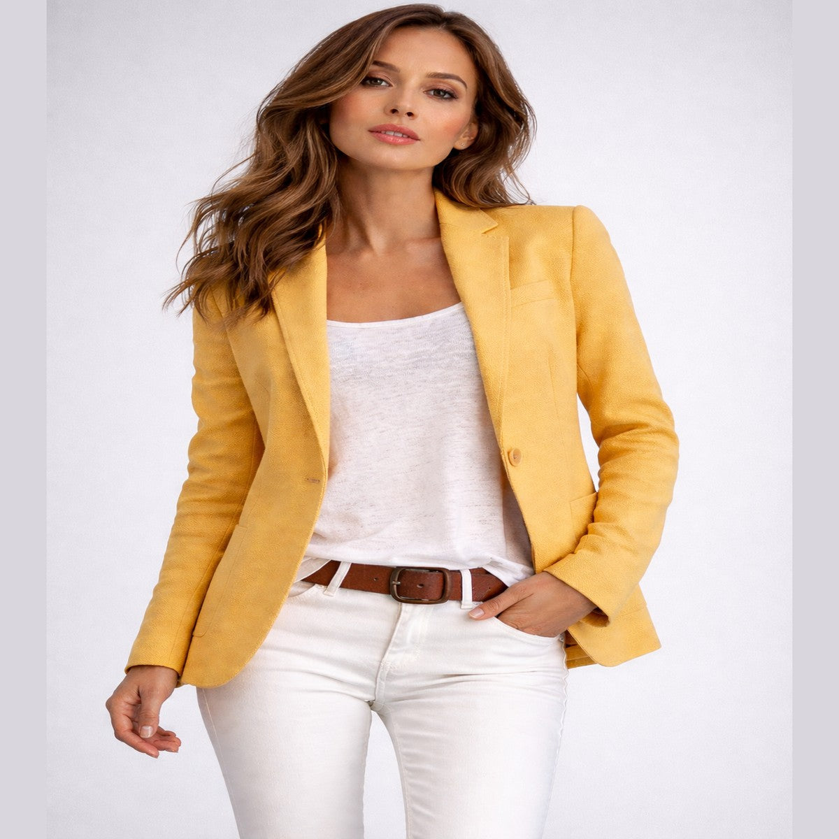 Women Tailored Office Suit Jacket with Single Button and Flap Pockets