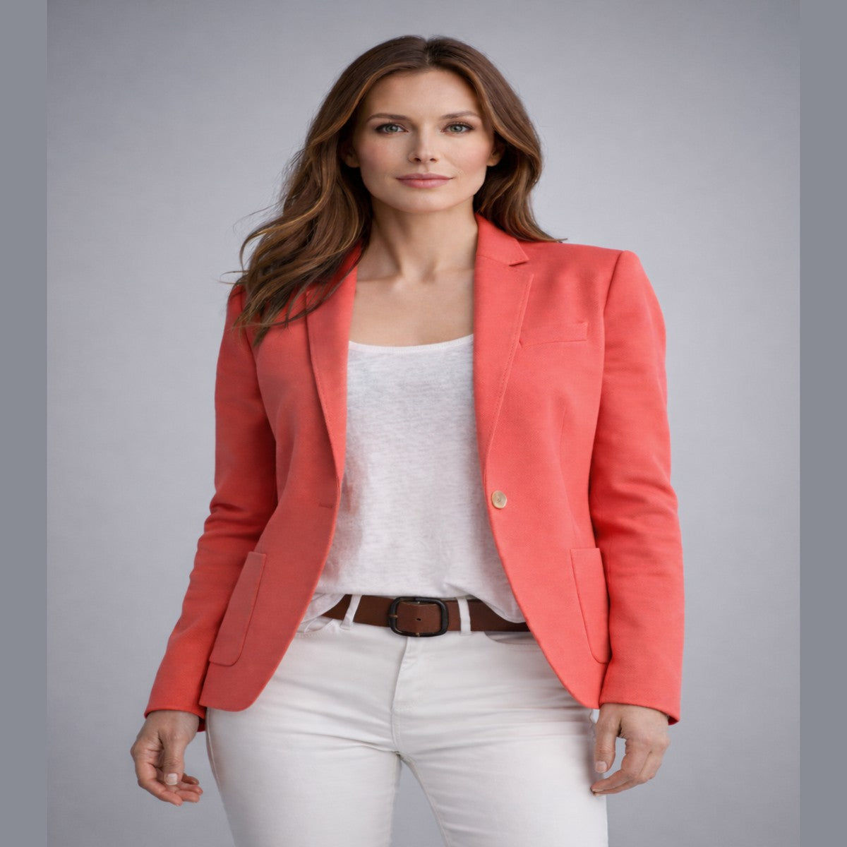 Women Tailored Office Suit Jacket with Single Button and Flap Pockets