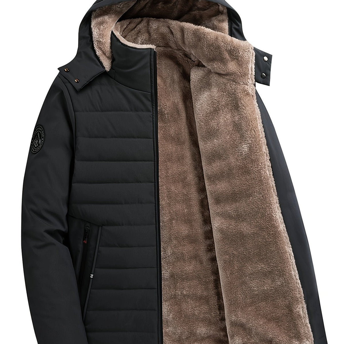 Quilted Hooded Coat with Insulated Lining and Front Zipper, Hip Length