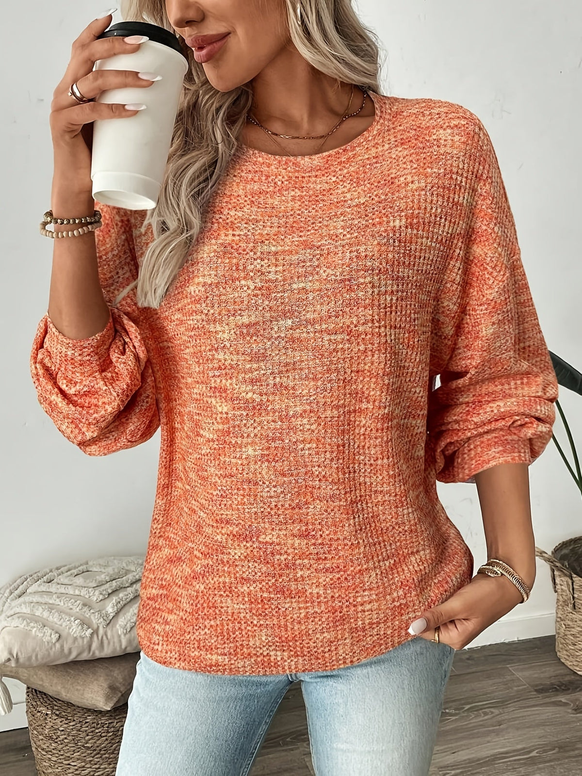 Relaxed Waffle Knit Pullover with Long Sleeves and Extended Hem