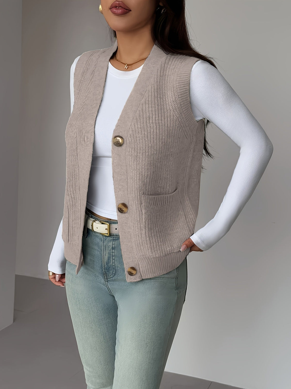 Buttoned V-Neck Knit Vest with Front Pockets and Relaxed Fit
