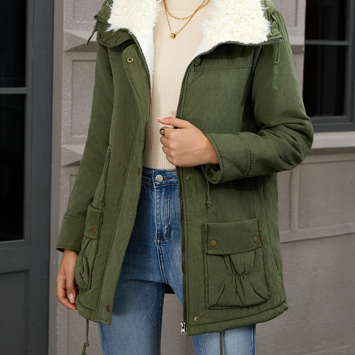 Mid Length Parka with Plush Lining and Adjustable Drawstring, Snap Button Closure