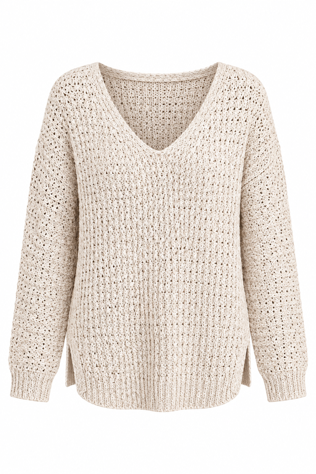 Ivory Chunky Knit Sweater with Ribbed Cuffs and Split Hem