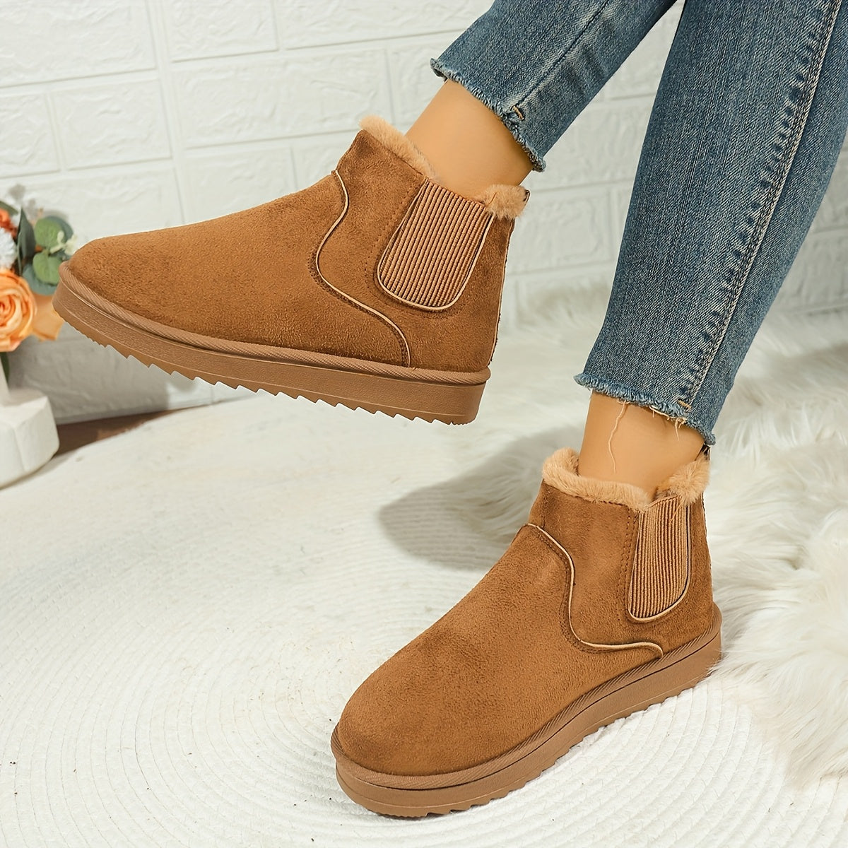Platform Ankle Boots with Elastic Side Panels and Plush Lining, Textured Grip Sole