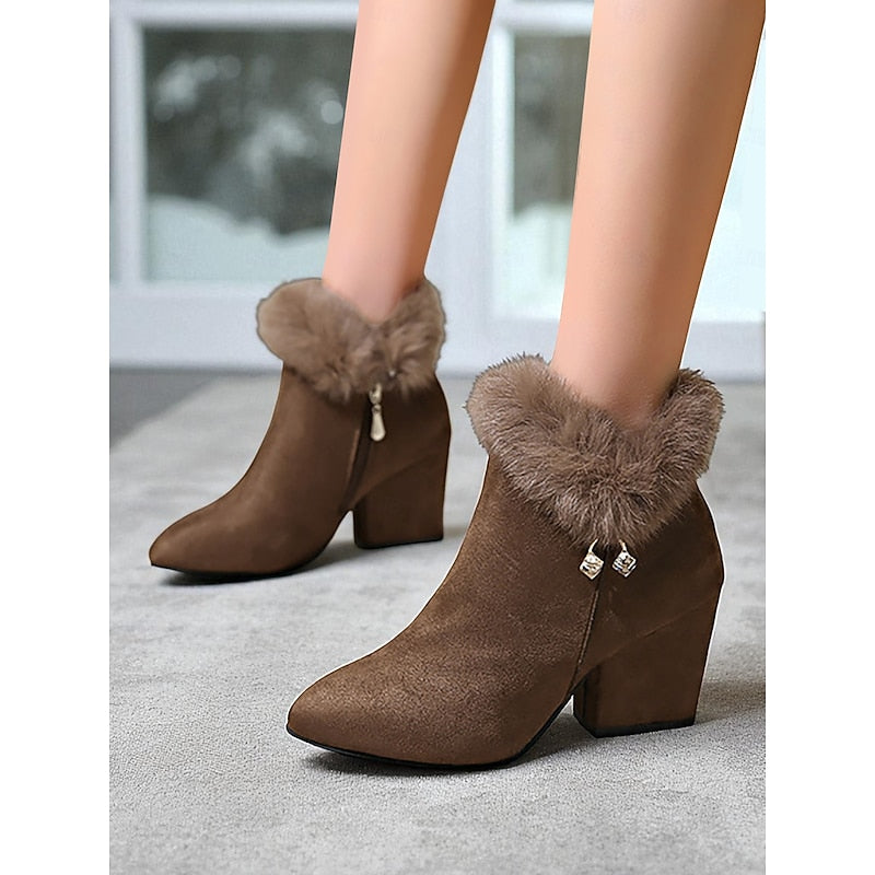 Ankle Boots with Plush Collar and Block Heel, Side Zip Pointed Toe