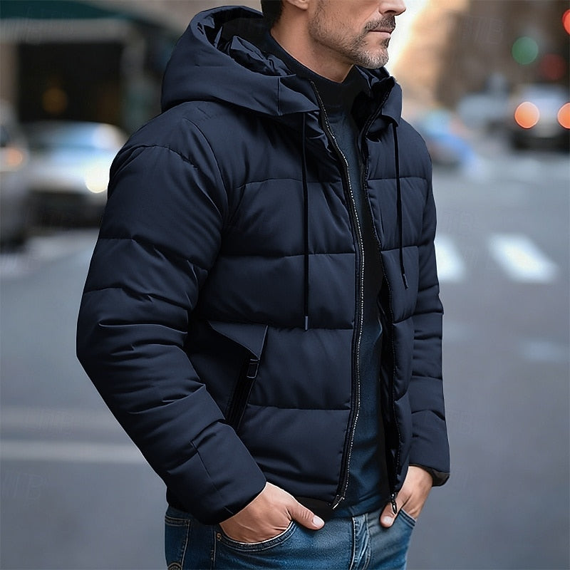 Hooded Puffer Jacket with Quilted Padding and Adjustable Drawstring, Front Pockets