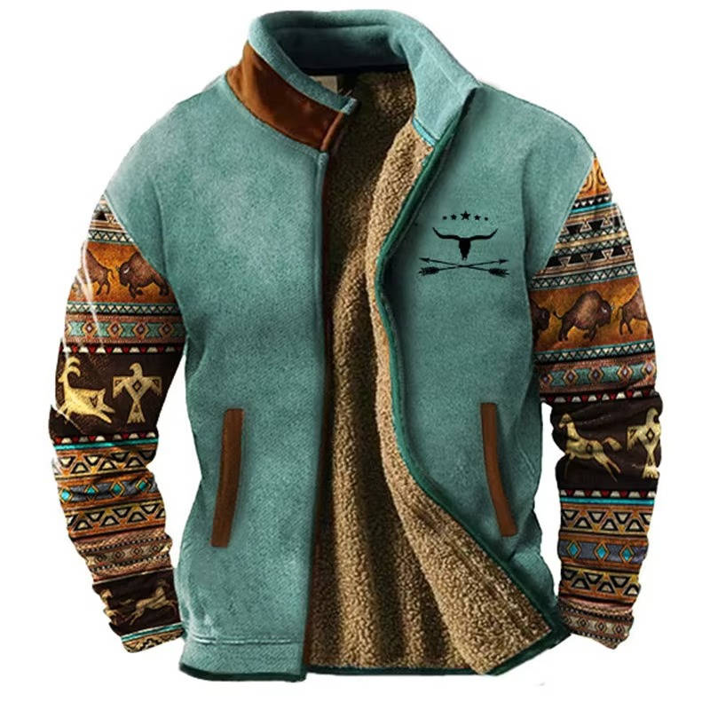 Mens Fleece Jacket with Aztec Geometric Pattern and Stand Collar