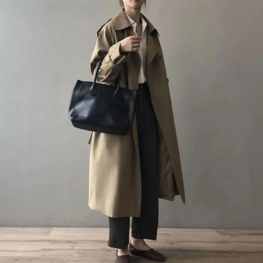 Womens Long Trench Coat with Water Repellent Fabric and Button Closure
