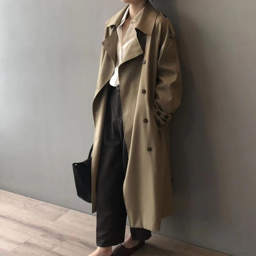 Womens Long Trench Coat with Water Repellent Fabric and Button Closure
