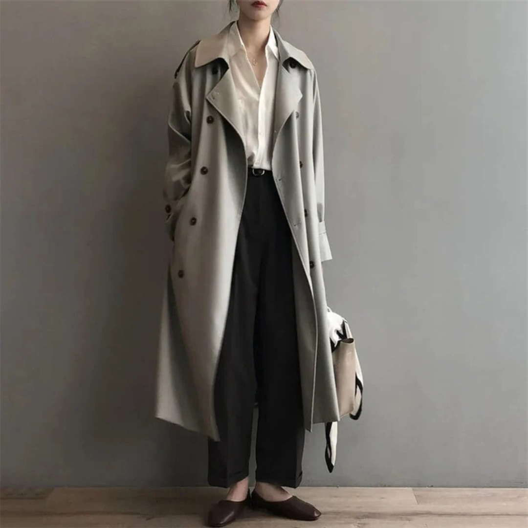 Womens Long Trench Coat with Water Repellent Fabric and Button Closure