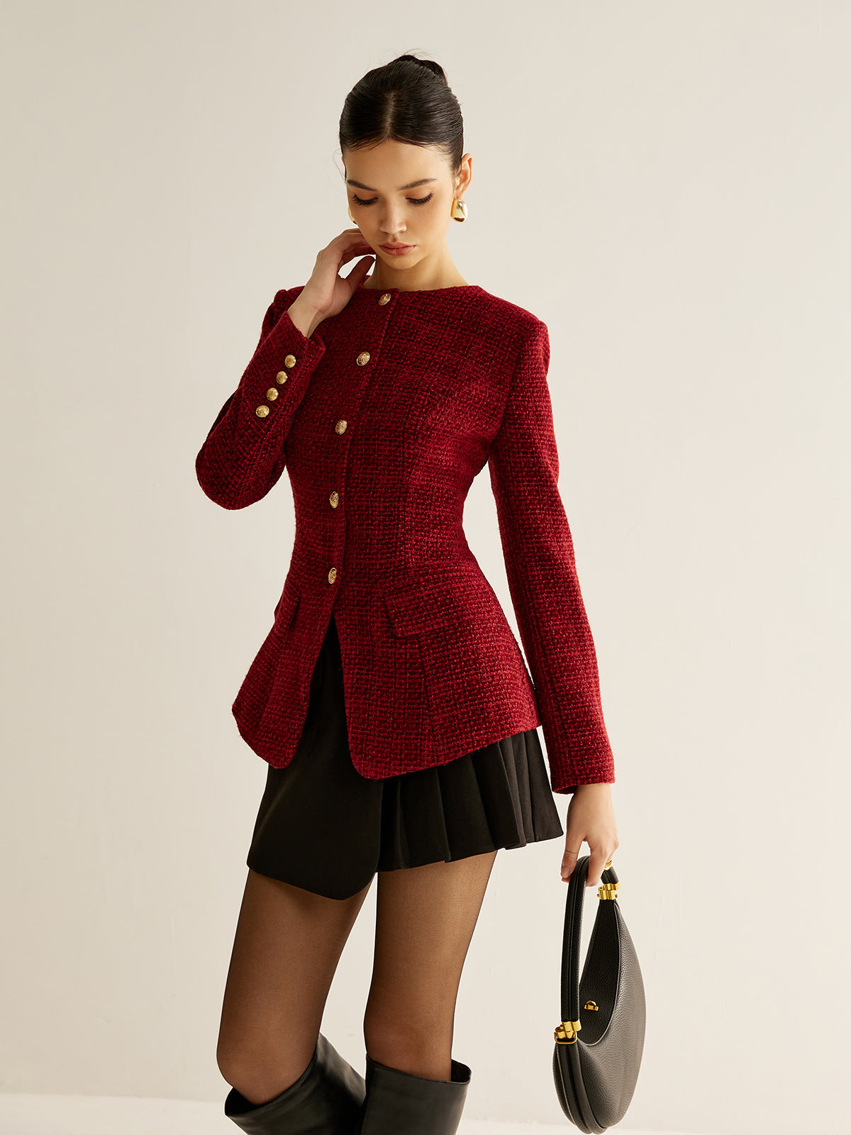 Tweed Blazer with Button Front and Split Detail, Metal Accents