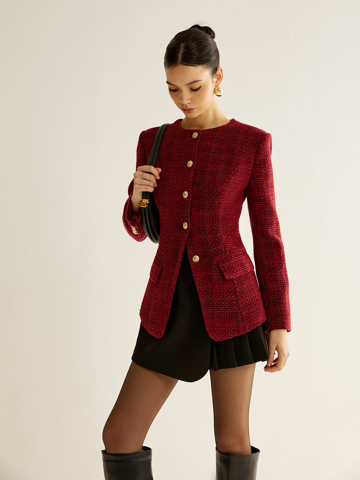 Tweed Blazer with Button Front and Split Detail, Metal Accents
