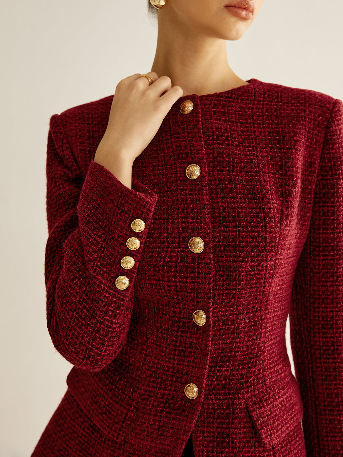Tweed Blazer with Button Front and Split Detail, Metal Accents