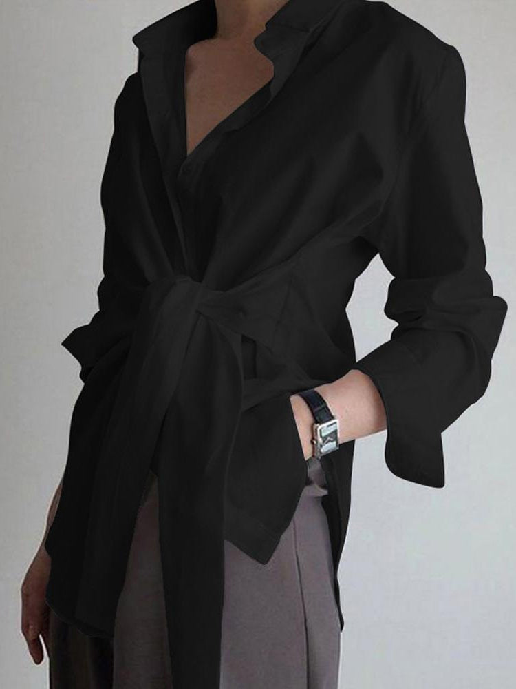Collared Shift Shirt with Front Knot Detail and Long Sleeves