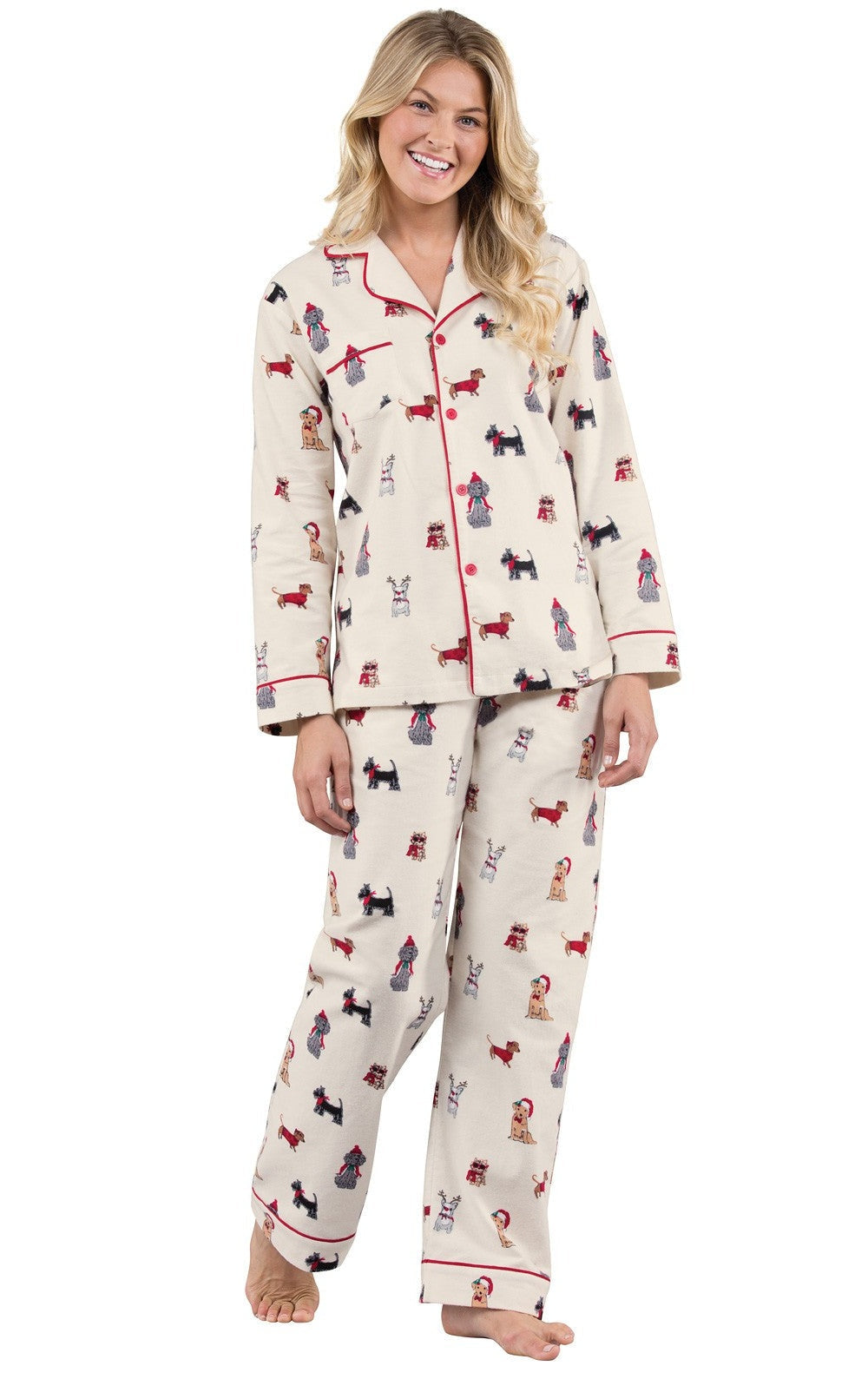 Button Front Flannel Pajama Set with Festive Dog Print and Notch Collar