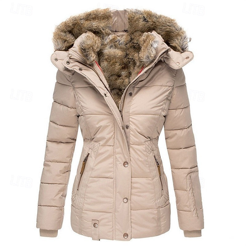 Padded Winter Jacket with Detachable FurTrimmed Hood, Zip and Button Closure