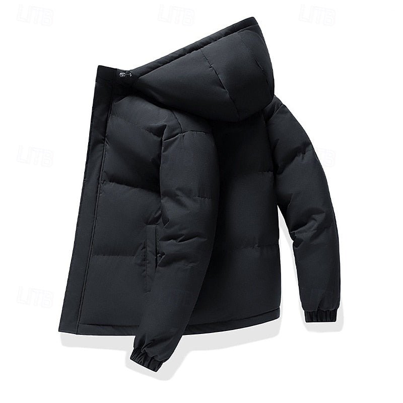 Hooded Puffer Jacket with Thick Padded Insulation and Adjustable Hood, Elastic Cuffs