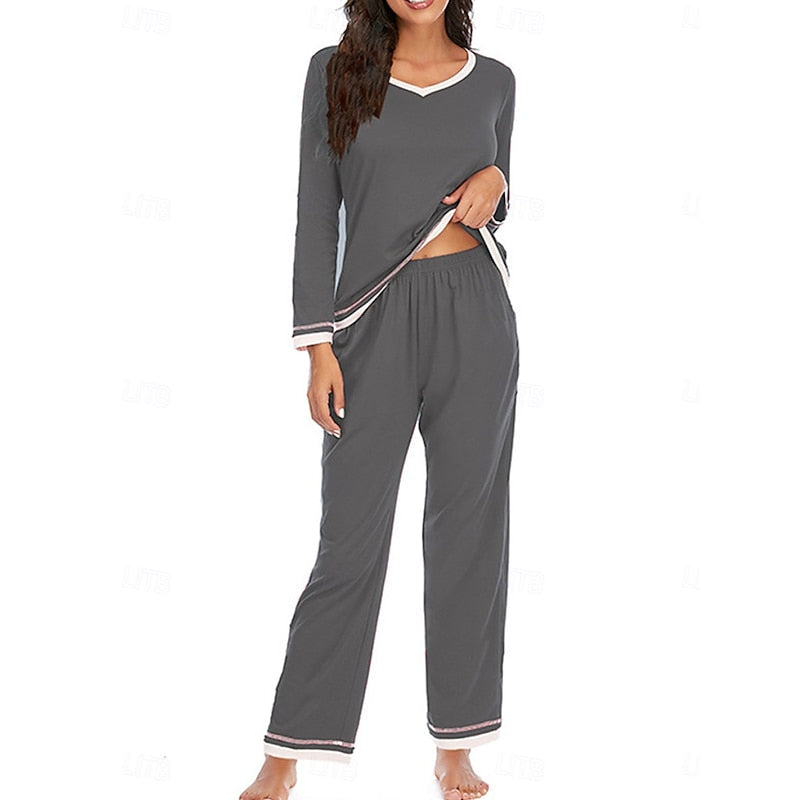 Womens Two Piece Lounge Set with Long Sleeve V Neck Top and Elastic Waist Trousers