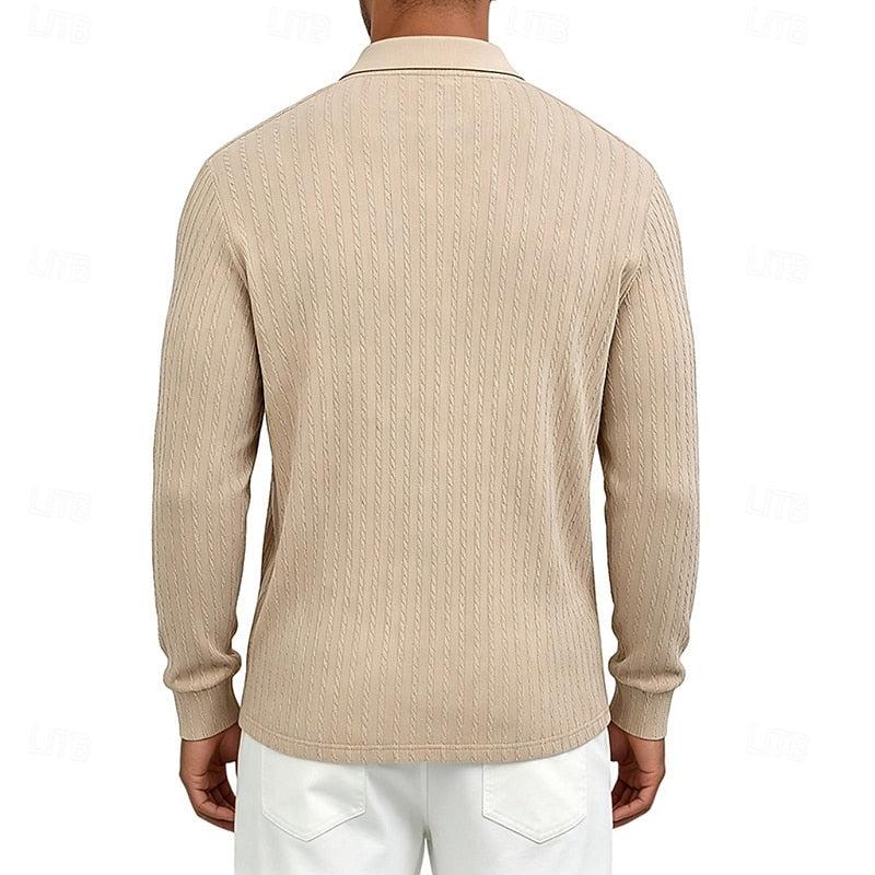 Mens Textured Quarter-Zip Polo Shirt with Long Sleeves and Regular Fit