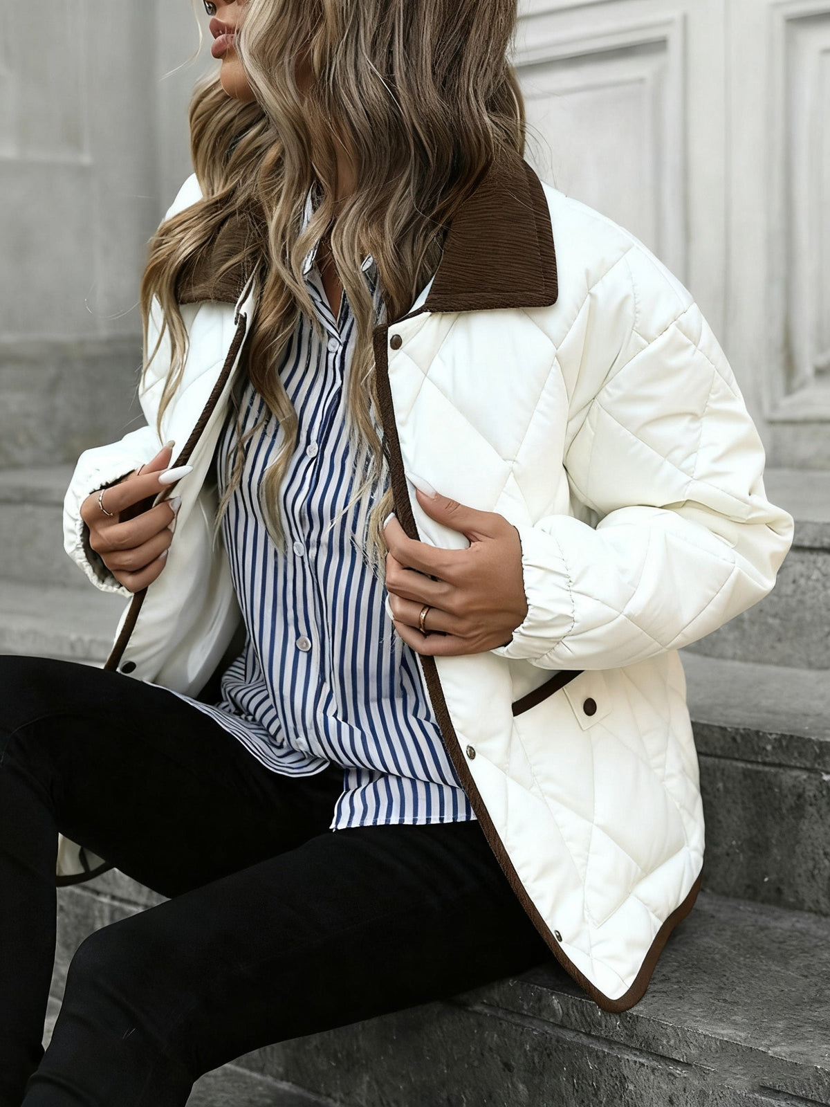 Diamond-Quilted Padded Jacket with Button Front and Relaxed Fit, Contrast Trim