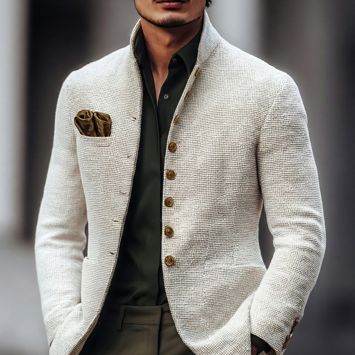 Textured Weave Cardigan with Stand Collar and Single Breasted Closure