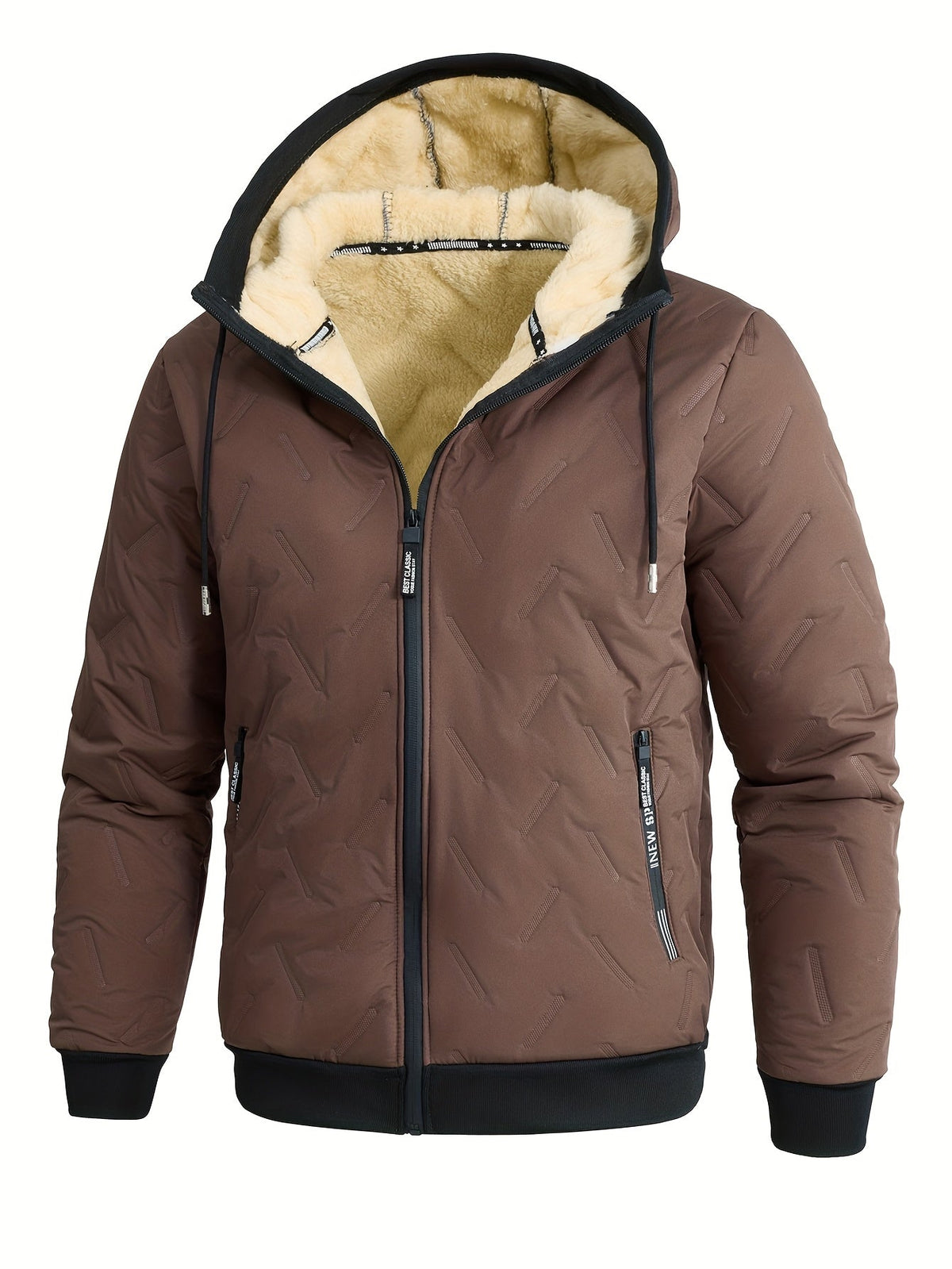Hooded Winter Jacket with Plush Lining and Zip Pockets, Relaxed Fit