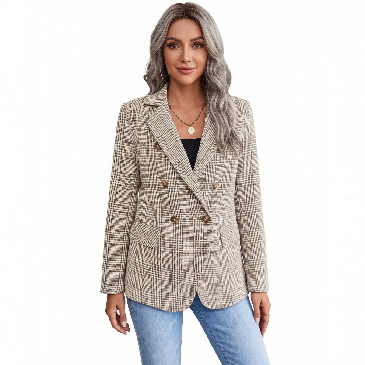 Womens Plaid Houndstooth Blazer, Business Casual Fall Jacket